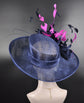 Navy Blue Sinamay Kentucky Derby Hat: Fuchsia Feather Flower Wide Brim