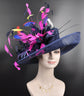 Navy Blue Sinamay Derby Hat: Fuchsia Feather Flower, Wide Brim