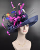 Navy Blue Sinamay Derby Hat: Fuchsia Feather Flower, Wide Brim