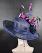 Navy Blue Sinamay Derby Hat: Fuchsia Feather Flower, Wide Brim