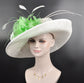 White Wide Brim Sinamay Hat w Apple Green Flower  Kentucky Derby Hat Tea Party Carriage Party  3 Layers