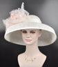 Audrey Hepburn Style Dome Hat Kentucky Derby Hat Tea Party Carriage Wide Brim Sinamay Hat White w Blush Pink Silk Flower