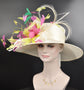 Wide Brim Sinamay Derby Hat: Ivory, Green, Pink Feather Fascinator