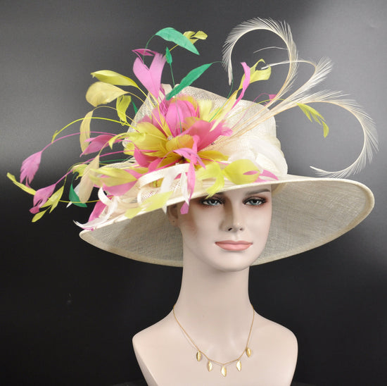 Wide Brim Sinamay Derby Hat: Ivory, Green, Pink Feather Fascinator
