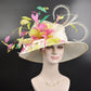 Wide Brim Sinamay Derby Hat: Ivory, Green, Pink Feather Fascinator