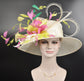 Wide Brim Sinamay Derby Hat: Ivory, Green, Pink Feather Fascinator