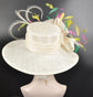 Wide Brim Sinamay Derby Hat: Ivory, Green, Pink Feather Fascinator