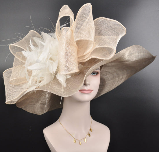 Wide Brim Kentucky Derby Hat, Ascot Hat for Wedding & Tea Party, Garden Party Hat, Mother of the Bride, Church Taupe Champagne Off White