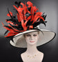 Wide Brim Kentucky Derby Hat: Red & Black Feathered Sinamay Church Hat