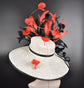 WHite Red Black Wide Brim Sinamay Derby Hat, Feather & Bow Statement Hat, Ascot Fascinator for Wedding, Church, Tea Party