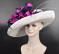 Wide Brim Sinamay Derby Hat: Hot Pink & Navy Feather Flower