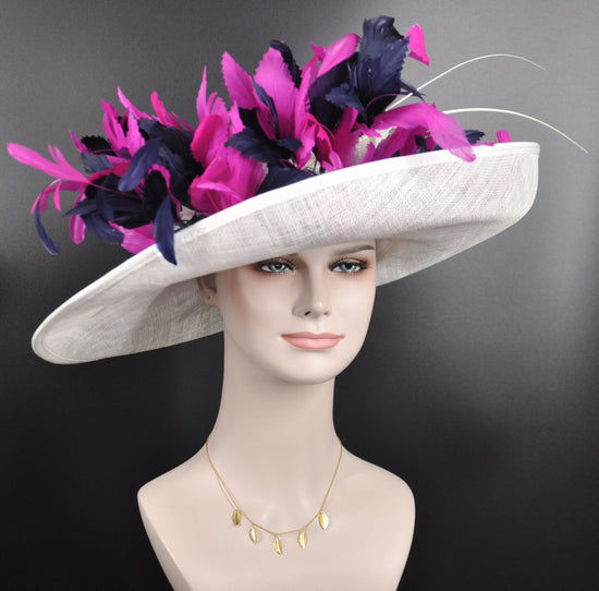 Wide Brim Kentucky Derby Hat, Ascot Hat for Wedding & Tea Party, Garden Party Hat, Mother of the Bride, Church  White Navy Blue Fuchsia Pink