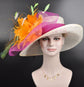 Church Kentucky Derby Hat Wide Brim Sinamay Hat Carriage Tea Party Wedding  Ivory/off White with Hot Pink Orange Feather Flower