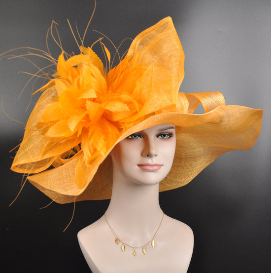 Orange Feather Flower Kentucky Derby Hat: Jumbo Sinamay Brim