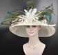 Wide Brim Kentucky Derby Hat, Ascot Hat for Wedding & Tea Party, Garden Party Hat, Mother of the Bride, Church  Ivory  Peacock Feather