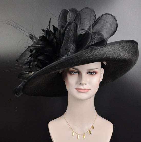 Black Sinamay Derby Hat: Wide Brim Feathered Ascot Hat
