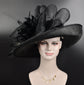 Black Sinamay Kentucky Derby Hat: Wide Brim Feathered Ascot Hat