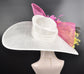 Wide Brim Sinamay Derby Hat: White, Hot Pink, Yellow Feathers