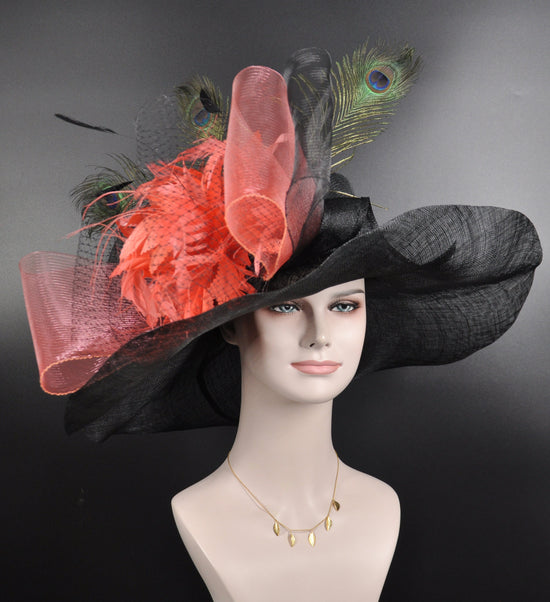 Black Sinamay Kentucky Derby Hat: Coral Pink Feather Flower Bow