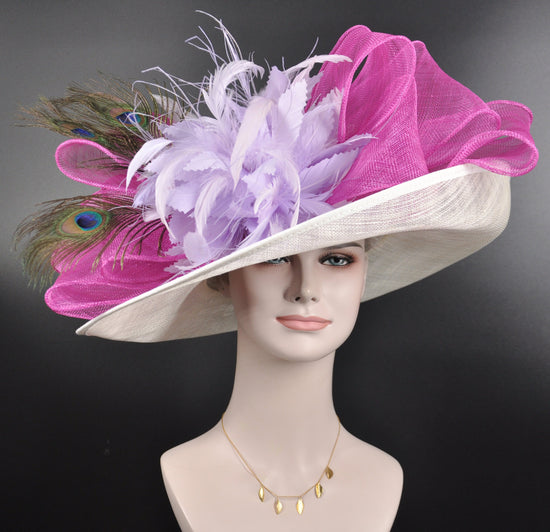 Wide Brim Sinamay Derby Hat: Fuchsia, Lavender, and Peacock Feather