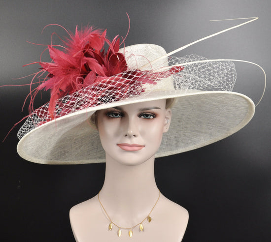Wide Brim Sinamay Derby Hat: Burgundy Feather Flower