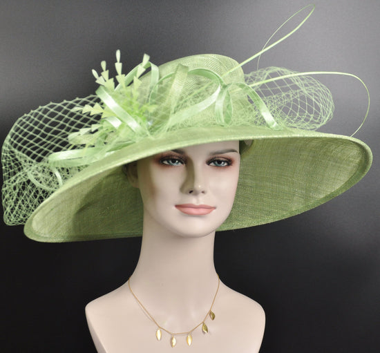 Spring Green Wide Brim Sinamay Derby Hat: Feather Flower Ascot Hat