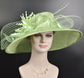 Spring Green Wide Brim Sinamay Derby Hat: Feather Flower Ascot Hat