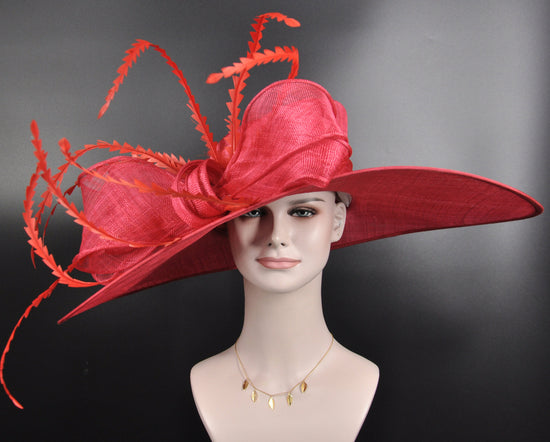 Red Feather Derby Hat: Wide Brim Sinamay Ascot Hat