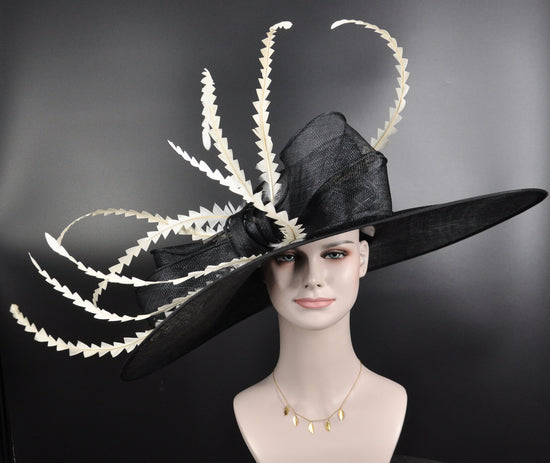 Black +Ivory Off White Kentucky Derby hat, Church hat, Wedding hat, Easter hat, Mother of Bride hat, Ascot hat, Wide Brim Sinamay Hat