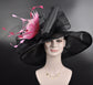 Black Sinamay Kentucky Derby Hat: Pink Feather Flower, Wide Brim Organza