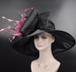 Black Sinamay Kentucky Derby Hat: Pink Feather Flower, Wide Brim Organza
