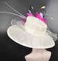 Wide Brim Sinamay Derby Hat: Ivory, Fuchsia Feather Flower