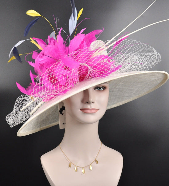 Wide Brim Sinamay Derby Hat: Ivory, Fuchsia Feather Flower