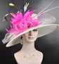 Wide Brim Sinamay Derby Hat: Ivory, Fuchsia Feather Flower