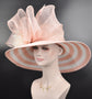 Blush Pink Sinamay Derby Hat: Feather Flowers, Wide Brim Straw