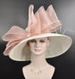 Wide Brim Sinamay Derby Hat: Ivory with Dusty Pink Bow