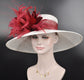 Wide Brim Sinamay Derby Hat: White & Burgundy Feather Flower