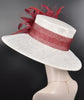 Wide Brim Sinamay Derby Hat: White & Burgundy Feather Flower