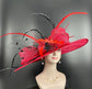 Red & Black Sinamay Derby Hat: Wide Brim Feather Ascot Hat