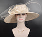 Champagne Sinamay Wide Brim Kentucky Derby Hat: Feather Flower Ascot Hat