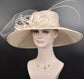 Champagne Sinamay Wide Brim Kentucky Derby Hat: Feather Flower Ascot Hat