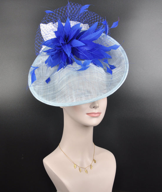 Powder Blue Sinamay Fascinator Hat: Royal Blue Feather Flower