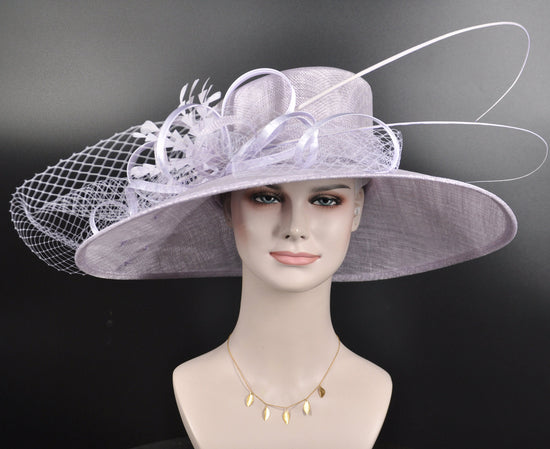 Lilac Wide Brim Sinamay Derby Hat: Feather Flower Ascot Hat