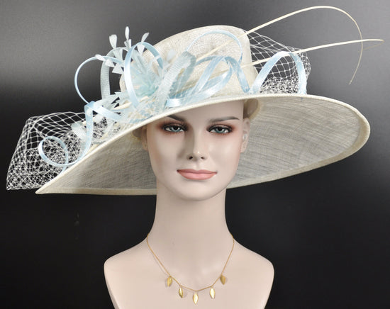 Lilac Sinamay Wide Brim Derby Hat: Feather Flower Ascot Hat