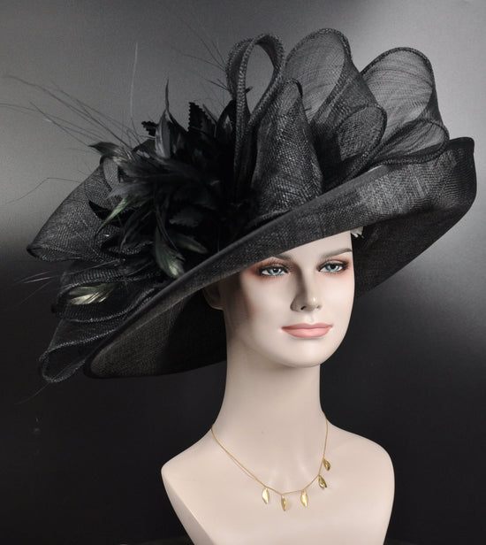 Black Sinamay Kentucky Derby Hat: Wide Brim Feathered Ascot Hat
