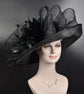 Black Sinamay Kentucky Derby Hat: Wide Brim Feathered Ascot Hat