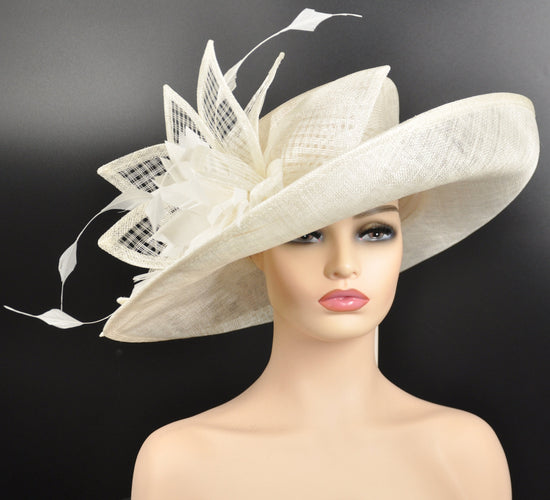 Ivory Sinamay Derby Hat: Wide Brim Feathered Ascot Hat