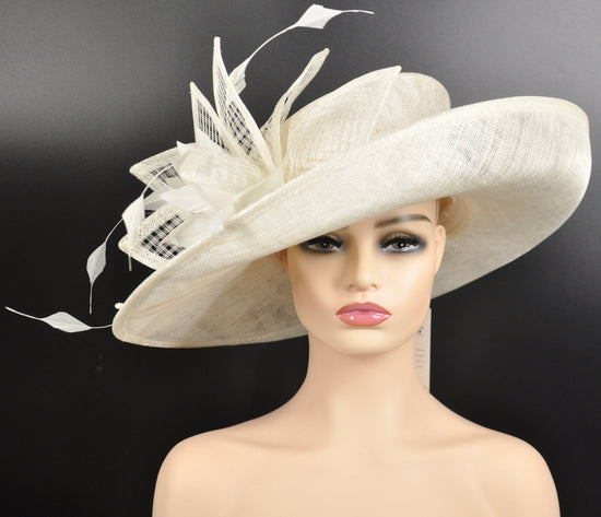 Ivory Sinamay Kentucky Derby Hat: Wide Brim Feathered Ascot Hat