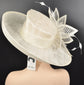 Ivory Sinamay Derby Hat: Wide Brim Feathered Ascot Hat