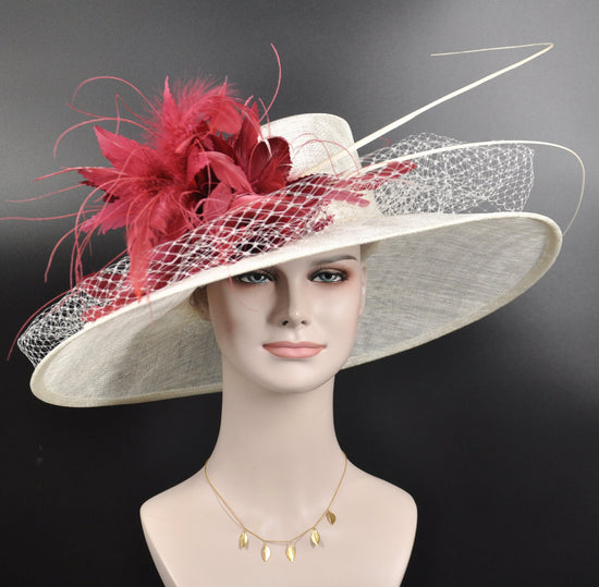 Wide Brim Sinamay Kentucky Derby Hat: Burgundy Feather Flower